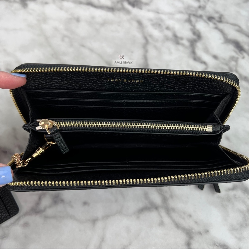 Tory Burch Black Pebbled Leather Zip Wallet with Card Holder and Gold Chain - Picture 6 of 12